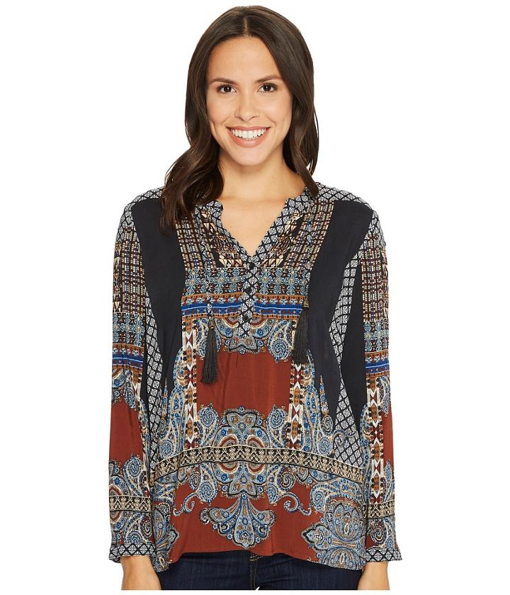 Tribal - Long Sleeve Printed Blouse W/ Tassel At Collar