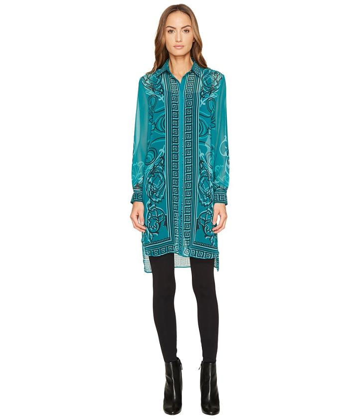 Versace Collection - Printed Long Sleeve High-low Button Up