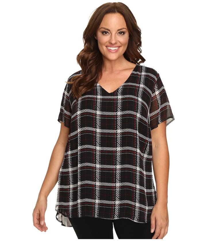 Vince Camuto Plus - Plus Size Short Sleeve Harbour Plaid V-neck Blouse With Knit