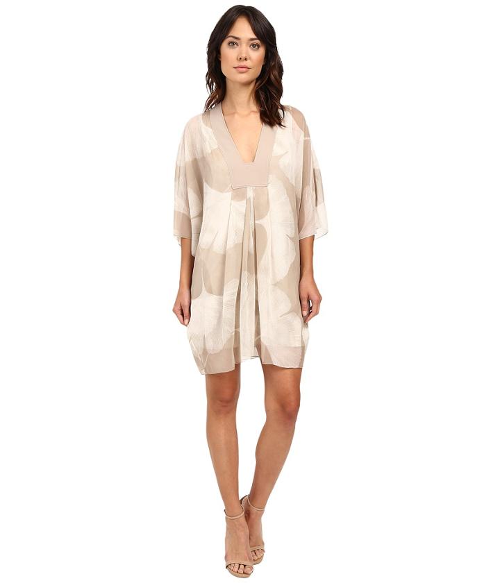 Halston Heritage - Long Sleeve V-neck Printed Mini Kaftan Dress