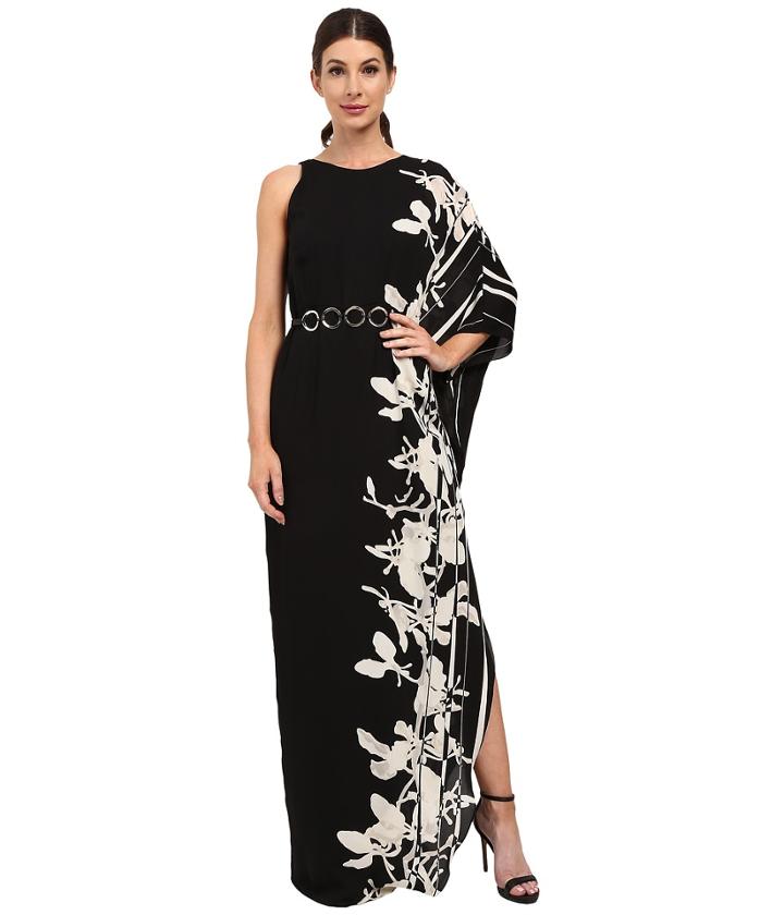 Halston Heritage - One Sleeve Printed Gown With Curved Circle Belt