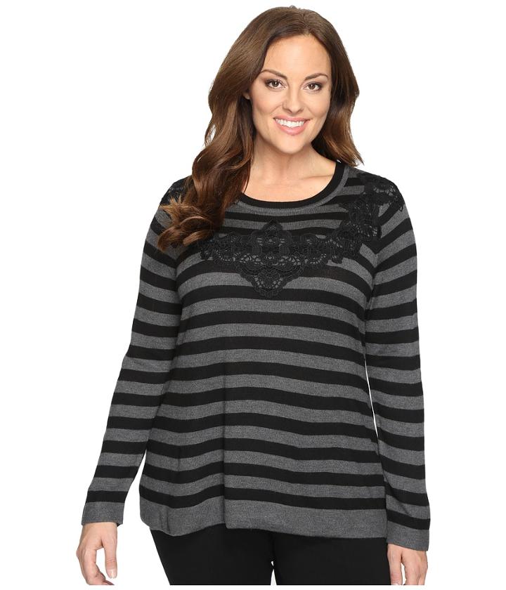 Vince Camuto Plus - Plus Size Long Sleeve Stripe Sweater With Lace Applique