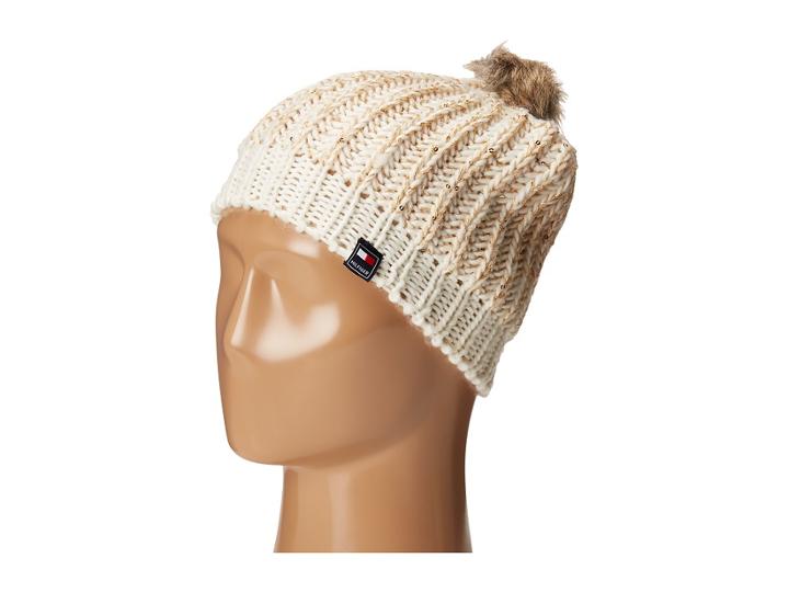 Tommy Hilfiger - Chunky Beaded Beanie With Faux Fur Pom