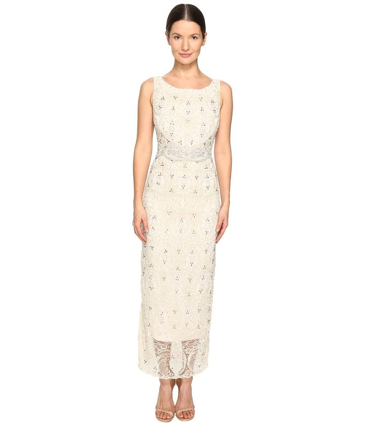 Marchesa - Crystal And Pearl Column Gown W/ Belt