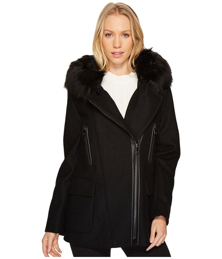Calvin Klein - Wool Asymmetric Pu Trim With Removable Fur Trimmed Hood