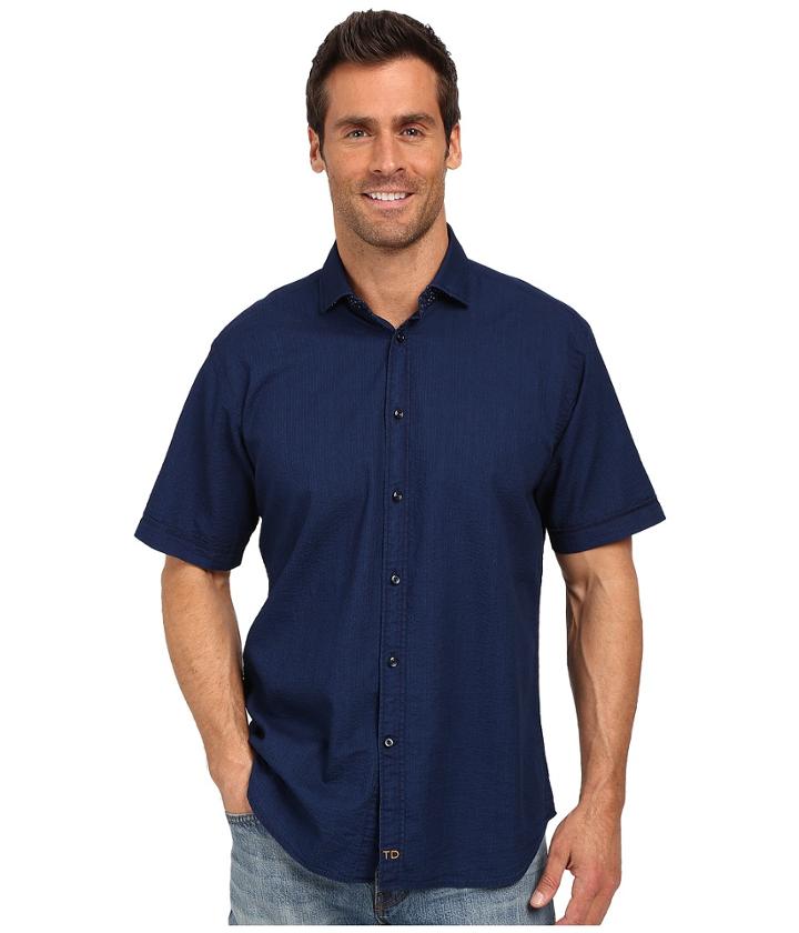 Thomas Dean &amp; Co. - Indigo Solid Short Sleeve Button Down Sport Shirt