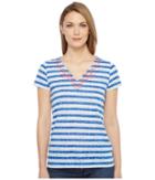 Tribal - Striped Knit Burnout Short Sleeve Embroidered Neckline Top