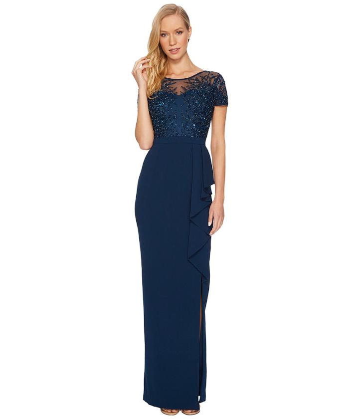 Adrianna Papell - Short Sleeve Beaded Bodice Gown With Cascade Skirt Detail