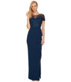 Adrianna Papell - Short Sleeve Beaded Bodice Gown With Cascade Skirt Detail
