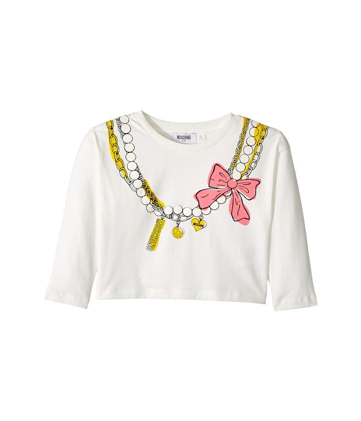 Moschino Kids - Long Sleeve Pearl Necklace Graphic Cropped T-shirt