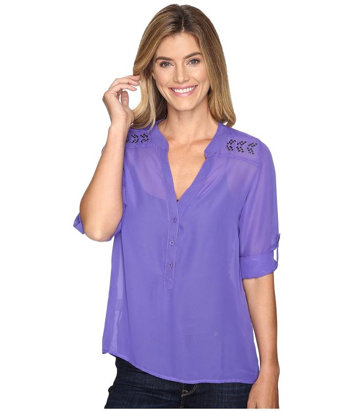 Cruel - Long Sleeve Chiffon Roll Tab Sleeve Top