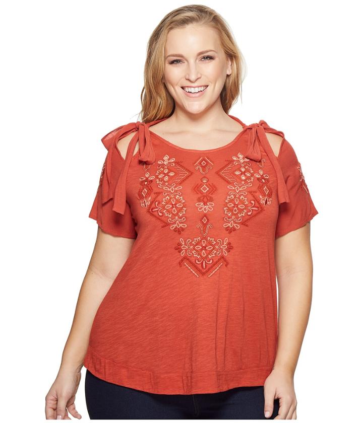 Lucky Brand - Plus Size Embroidered Tie Shoulder Top