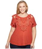 Lucky Brand - Plus Size Embroidered Tie Shoulder Top