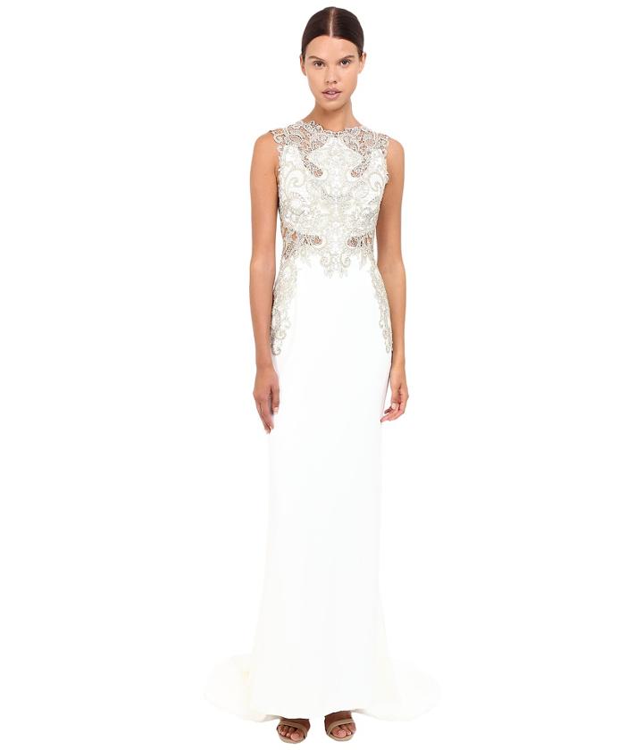 Marchesa - Stretch Crepe Fitted A-line Gown With Gold Beaded Appliques Cut Out Details And Train