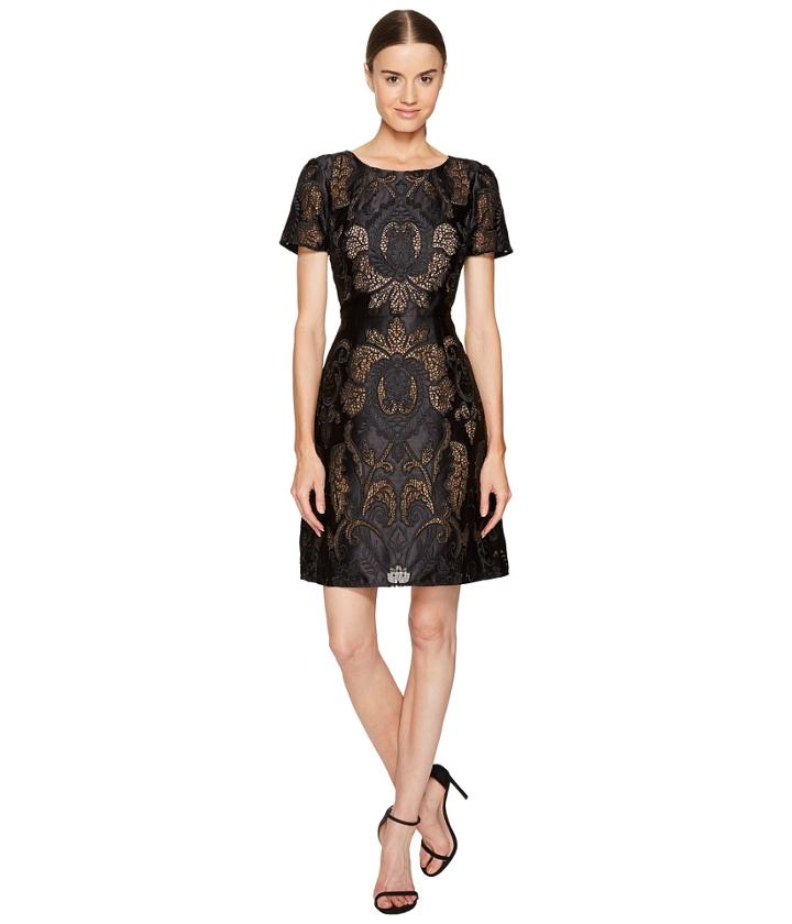 Marchesa Notte - Laser Cut Satin Short Sleeve Dress