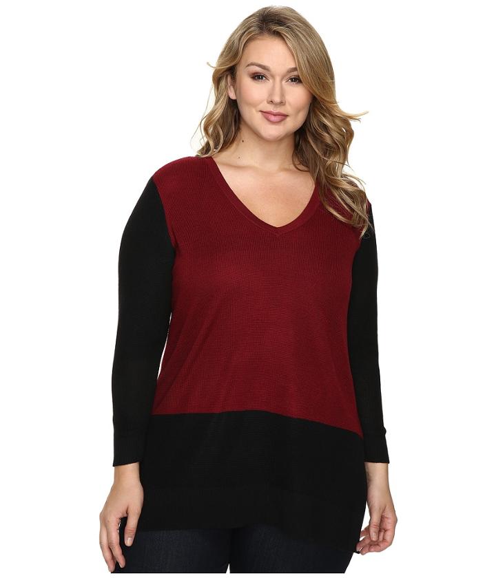 Vince Camuto Specialty Size - Plus Size Long Sleeve V-neck Neck Waffle-stitch Color Block Sweater