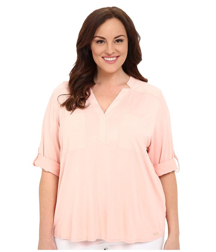 Calvin Klein Plus - Plus Size High-low Roll Sleeve W/ Woven
