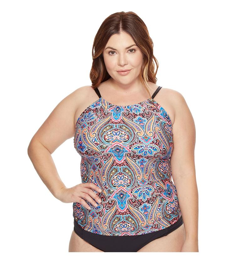 Jantzen - Plus Size Vibrant Paisley High Neck Over The Shoulder Tankini