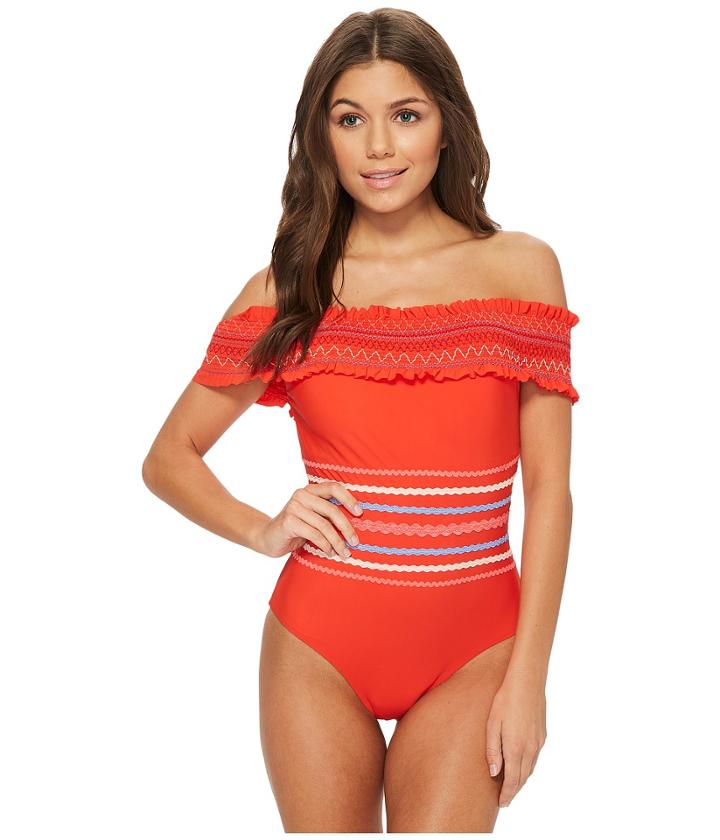 Red Carter - In Stitches Smocked Off Shoulder One-piece Swimsuit