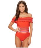 Red Carter - In Stitches Smocked Off Shoulder One-piece Swimsuit