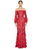 Marchesa Notte - Off The Shoulder 3d Embroidered Gown With Bishop Sleeve