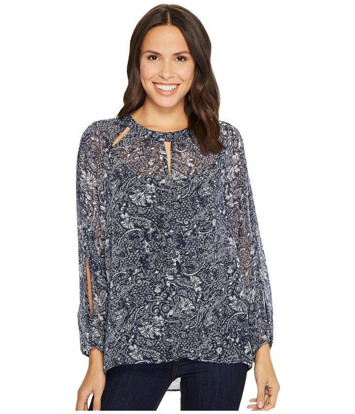 Tribal - Long Sleeve Printed Keyhole Blouse