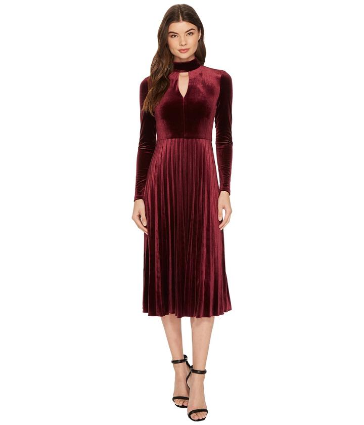 Maggy London - Pleated Velvet Fit Flare With Turtleneck Detail