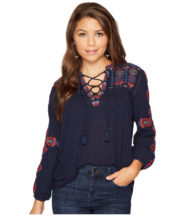 Lucky Brand - Lace-up Embroidered Top