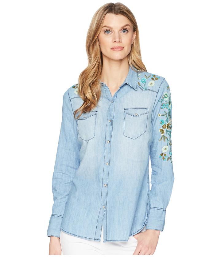 Tribal - Long Sleeve Lightweight Denim Shirt W/ Embroidery Detail
