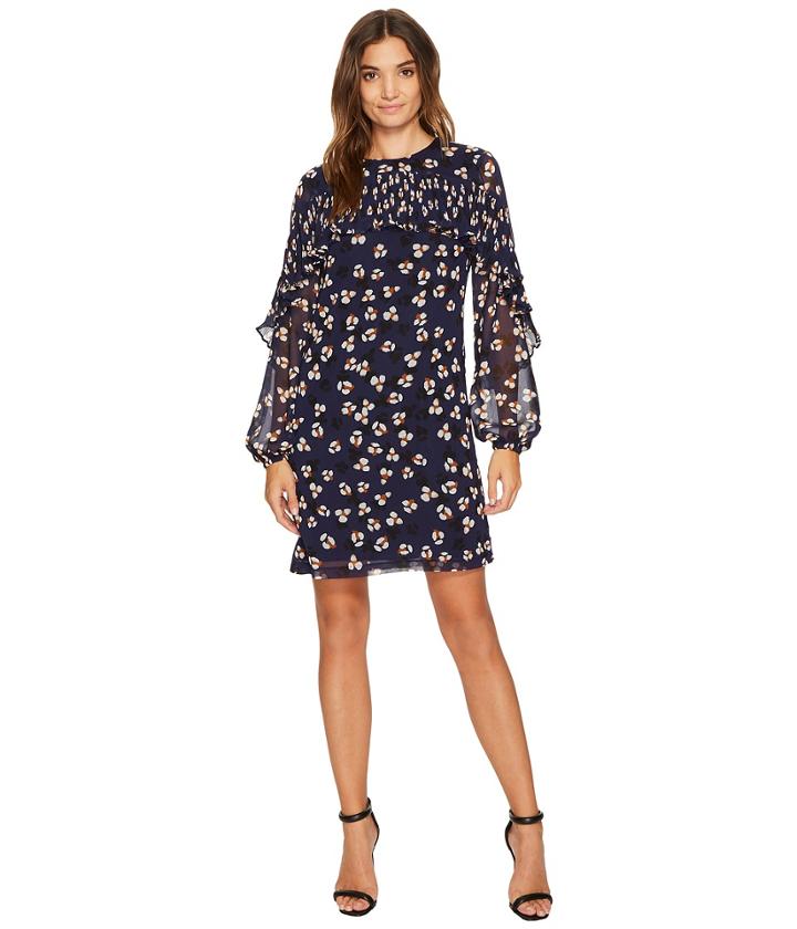 Donna Morgan - Long Sleeve Printed Chiffon Shift With Pleating