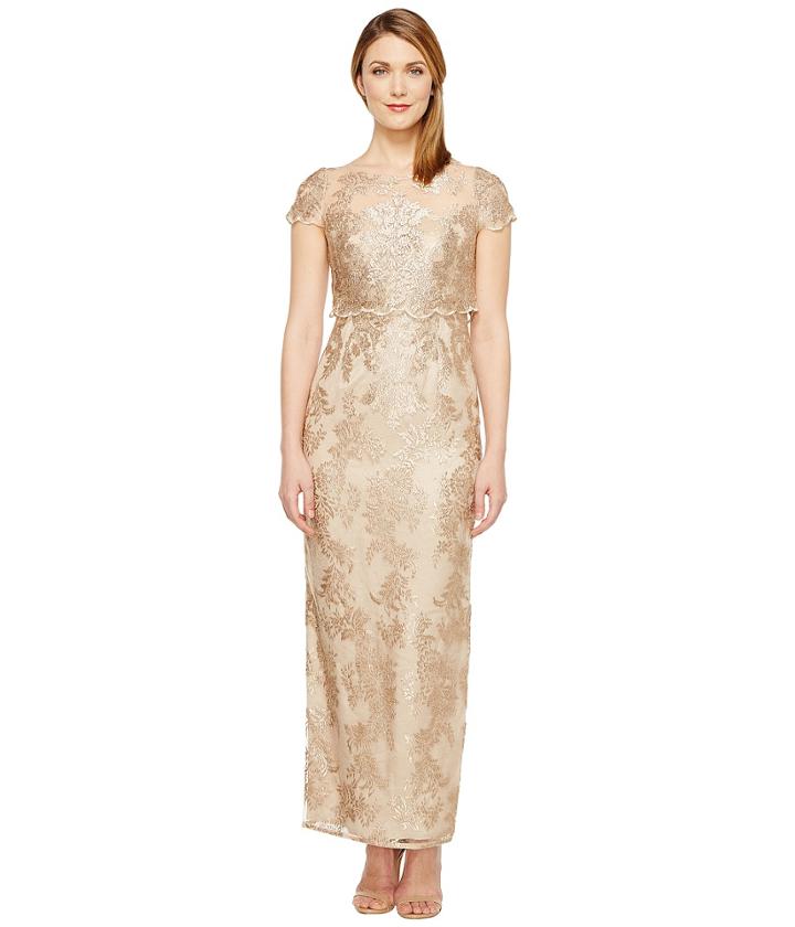 Adrianna Papell - Petite Short Sleeve Fully Embroidered Gown W/ Popover Detail