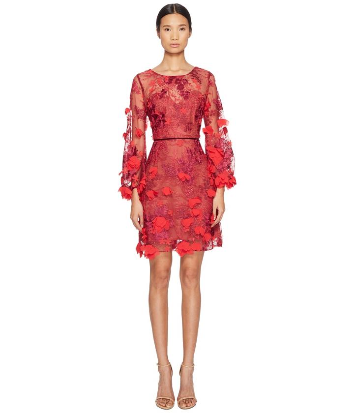 Marchesa Notte - 3d Floral Embroidered Cocktail With Velvet Ribbon Trim