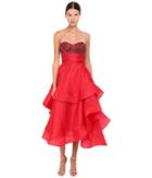 Marchesa - Strapless Satin-faced Organza Tea-length Gown With Crystal Encrusted Bustier And Multilayered Cascading Circle Horsehair Skirt