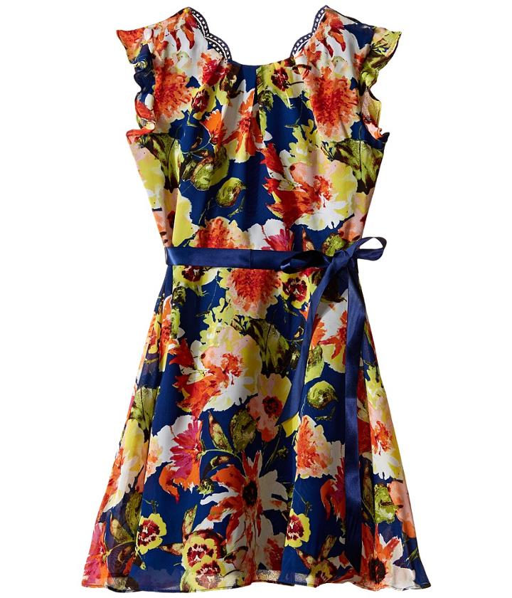 Us Angels - Floral Chiffon Flutter Cap Sleeve Dress W/ Tie Belt Full Skirt