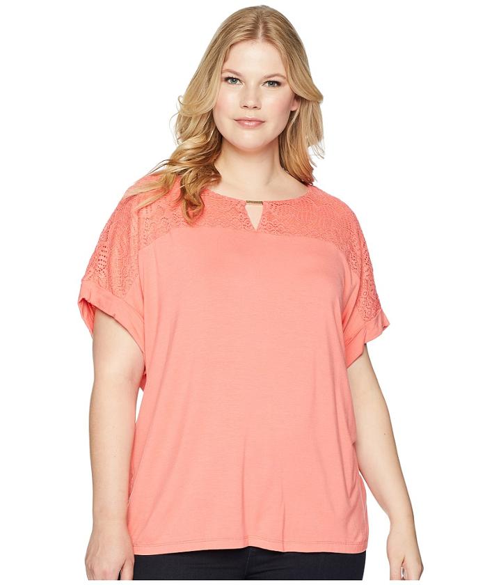 Calvin Klein Plus - Plus Size Short Sleeve Top W/ Lace Yoke Hardware