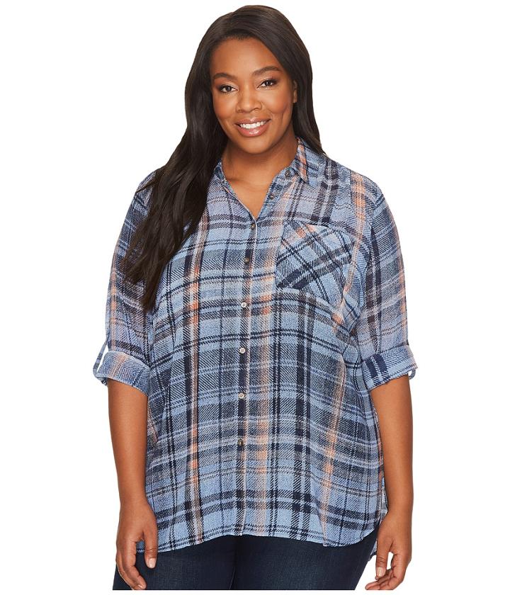 Two By Vince Camuto - Plus Size Long Sleeve Plaid Textures Georgette Two-pocket Shirt