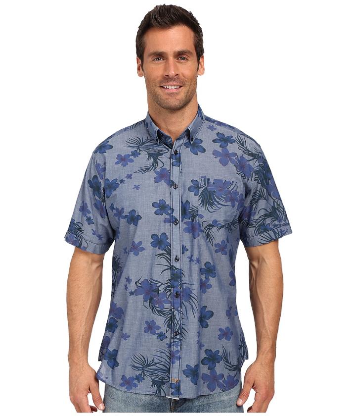 Thomas Dean &amp; Co. - Blue Denim Print Short Sleeve Button Down Collar Sport Shirt