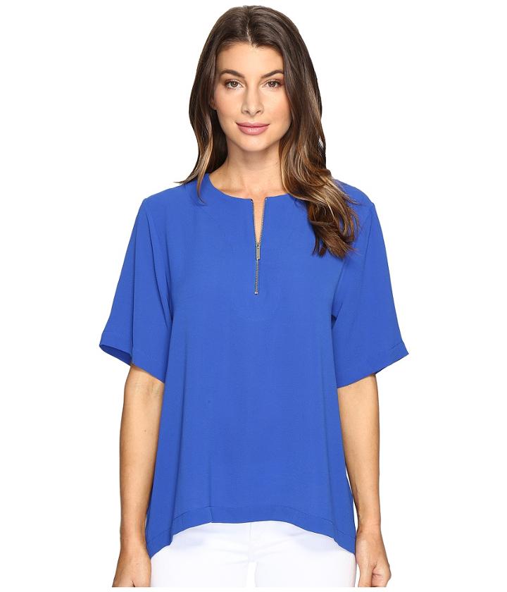Vince Camuto - Short Sleeve Drop Shoulder Mix Media Top With Front Zip