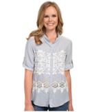 Dylan By True Grit - Chambray And White Embroidered 3/4 Roll Sleeve
