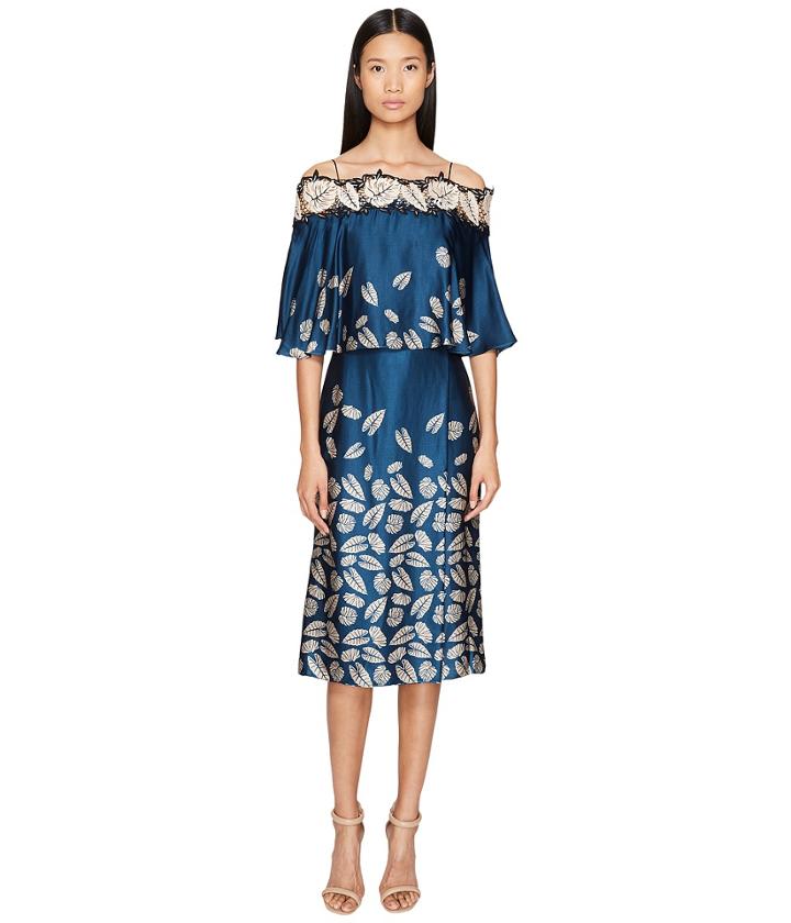 Yigal Azrou  L - Leaf Embroidered Printed Cold Shoulder Dress