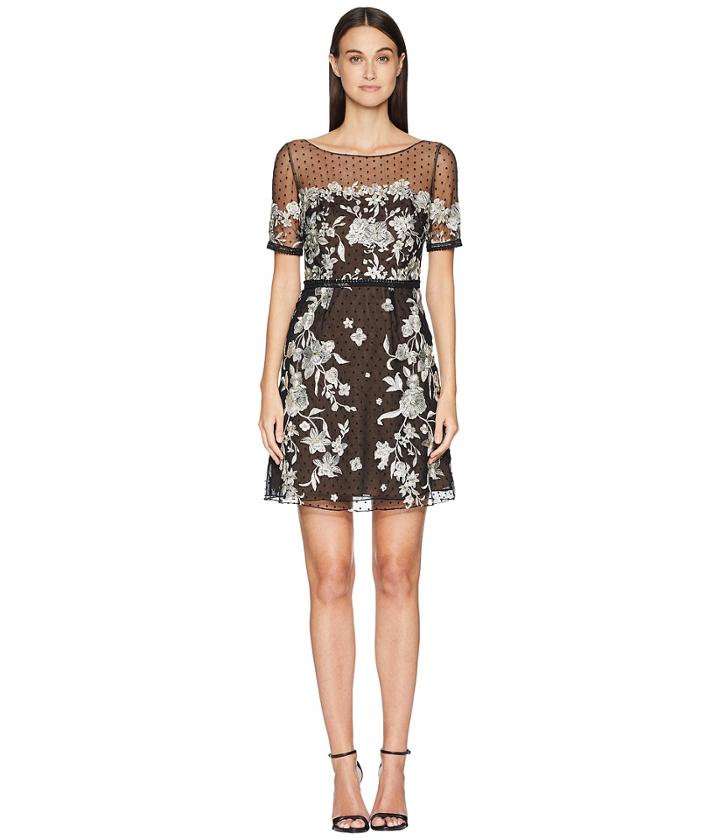 Marchesa Notte - Cap Sleeve Boat Neck A-line Embroidered Flocked Tulle Cocktail