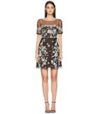 Marchesa Notte - Cap Sleeve Boat Neck A-line Embroidered Flocked Tulle Cocktail