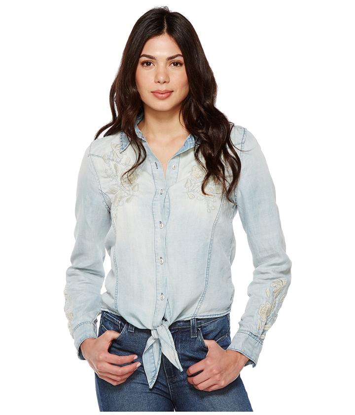 Blank Nyc - Denim Embroidered Shirt With Knotting Detail In Washed Up