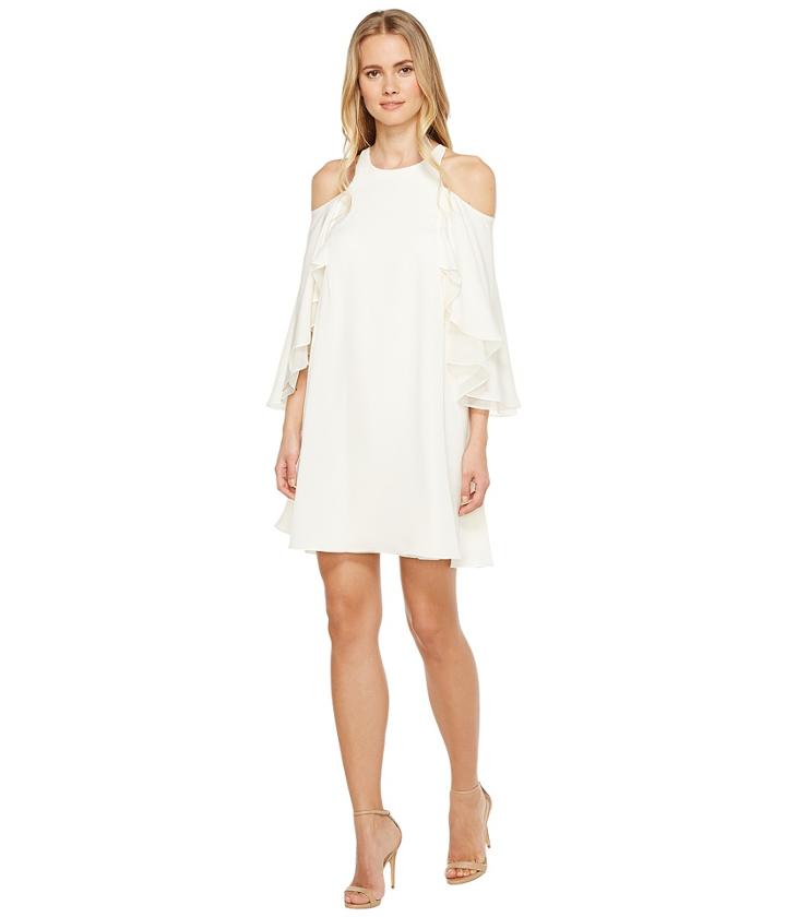 Halston Heritage - Short Sleeve Cold Shoulder Round Neck Flowy Dress