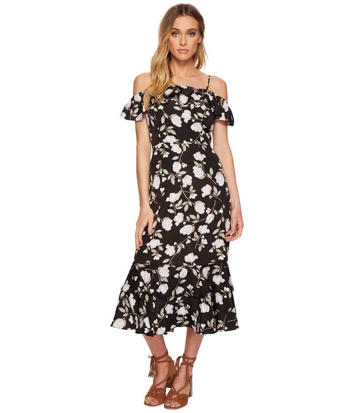 J.o.a. - Floral Printed Cold Shoulder Dress With Tiered Hem