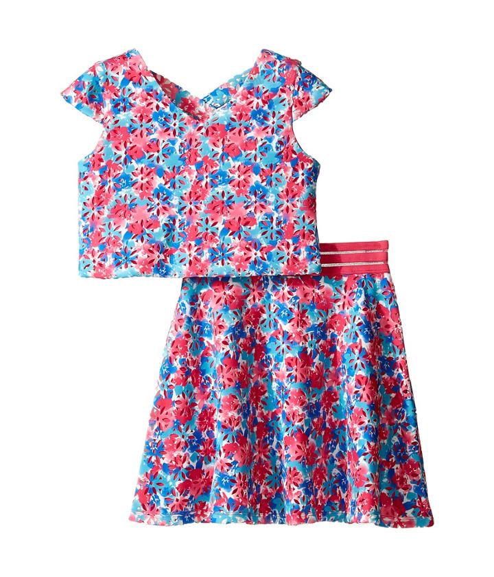 Us Angels - Laser Cut Scuba Two-piece Cap Sleeve Cross Back W/ Flare Skirt