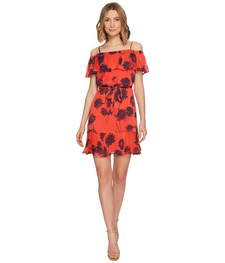 Donna Morgan - Belted Trapeze Dress With Ruffle Cold Shoulder