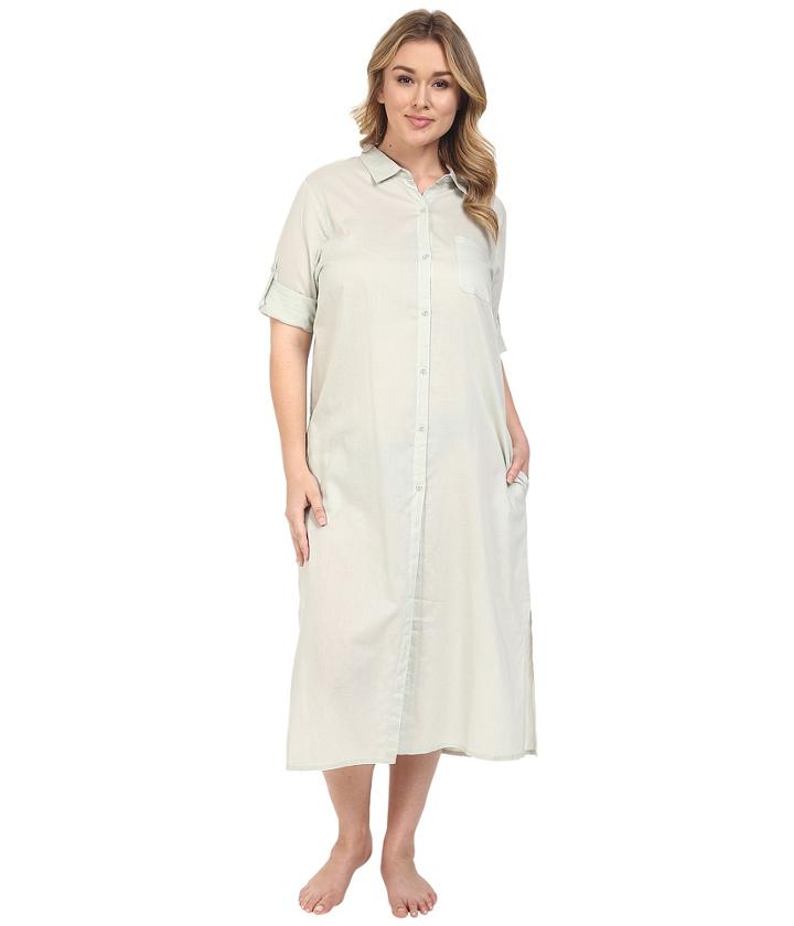 Yummie By Heather Thomson - Plus Size Cotton Voile Mandarin Button Down Dress W/ Side Vents