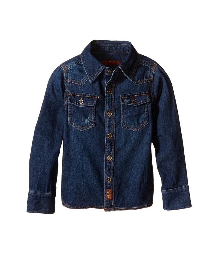 7 For All Mankind Kids - Long Sleeve Distressed Denim Button Down Shirt In Dark Indigo