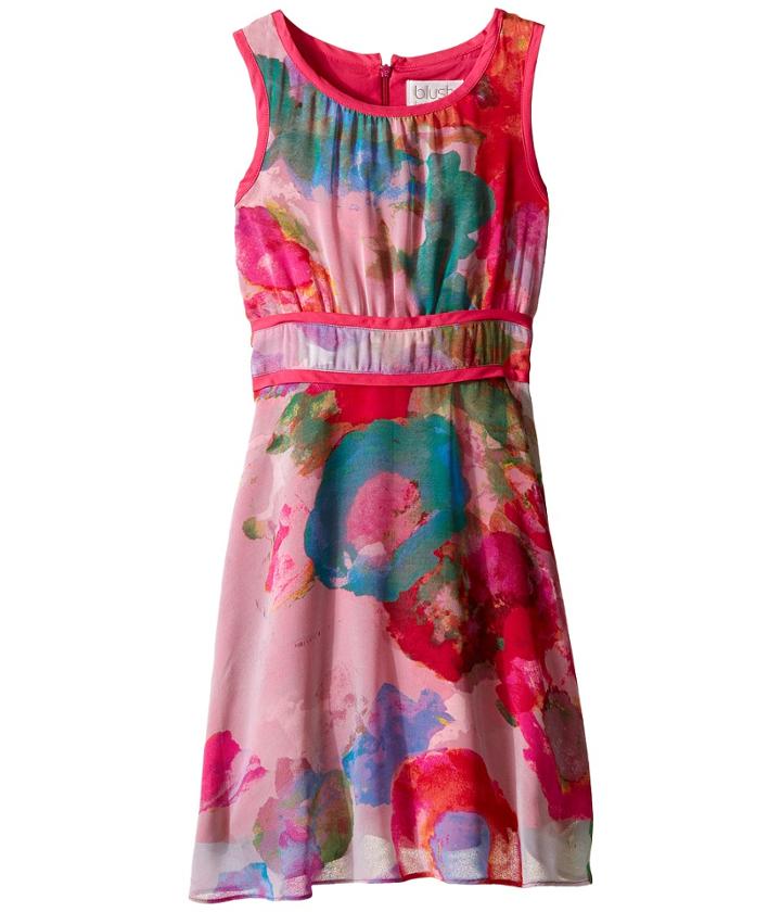 Us Angels - Floral Chiffon Sleeveless Dress W/ Double Stripe Waist Full Skirt